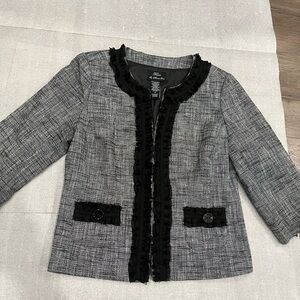 [US M]Frenz Chic Gray and Black Linen Blend Tweed Lace Jacket Hook Eye VTG
